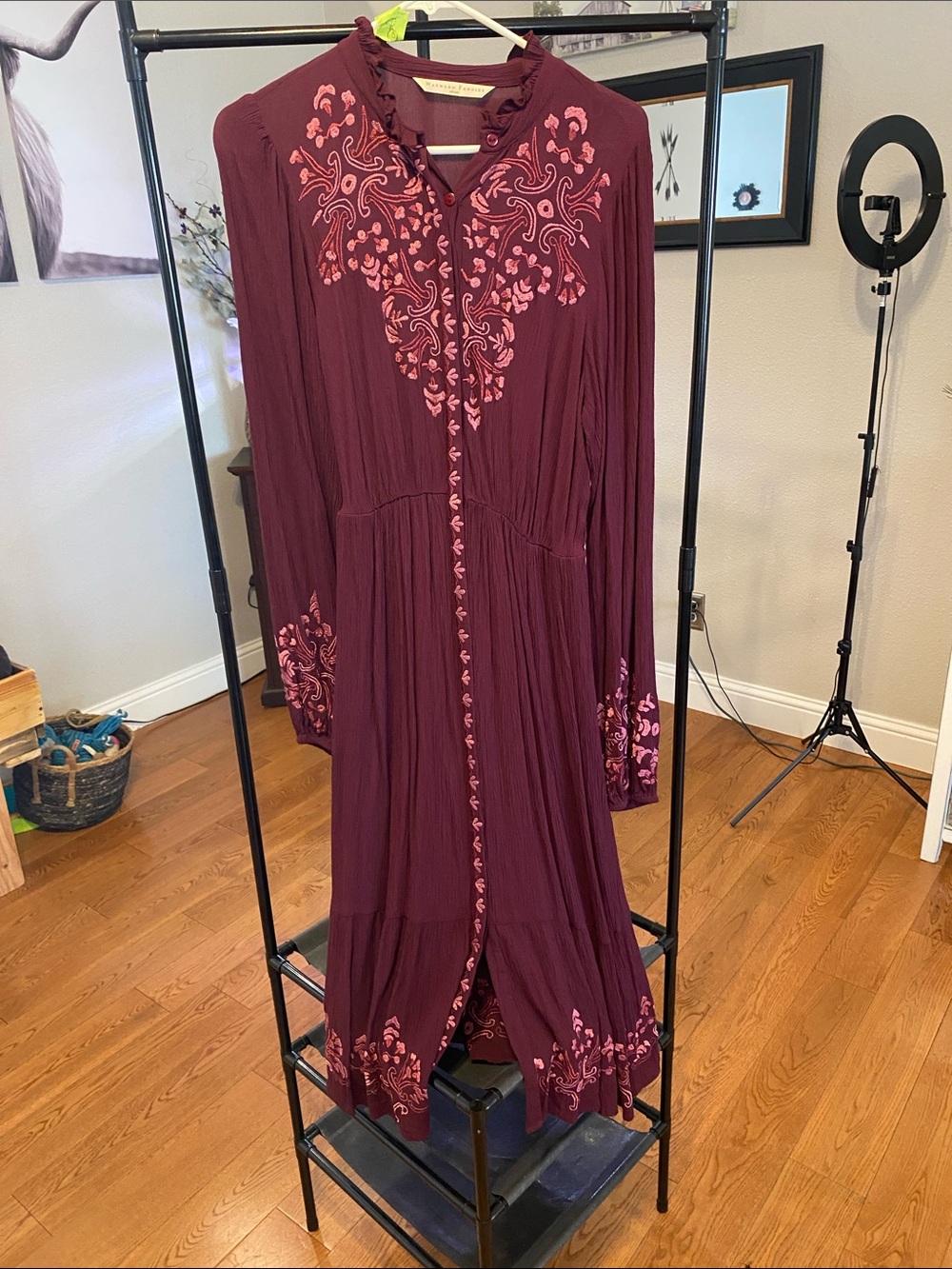 Embroidered Plum Maxi Dress with Pink Accents - Picture 2 of 3